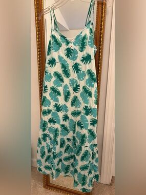 J. Crew Green and White Teopical Palm Leaf Sundress